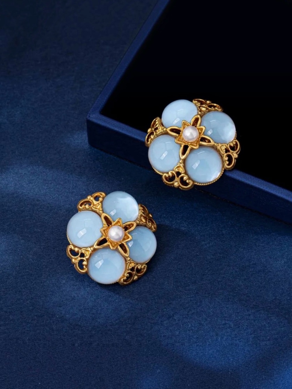 Floral Earrings with Pale Blue Gemstones NWT Gold Plated